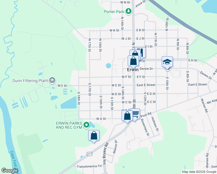 map of restaurants, bars, coffee shops, grocery stores, and more near 306 South 15th Street in Erwin