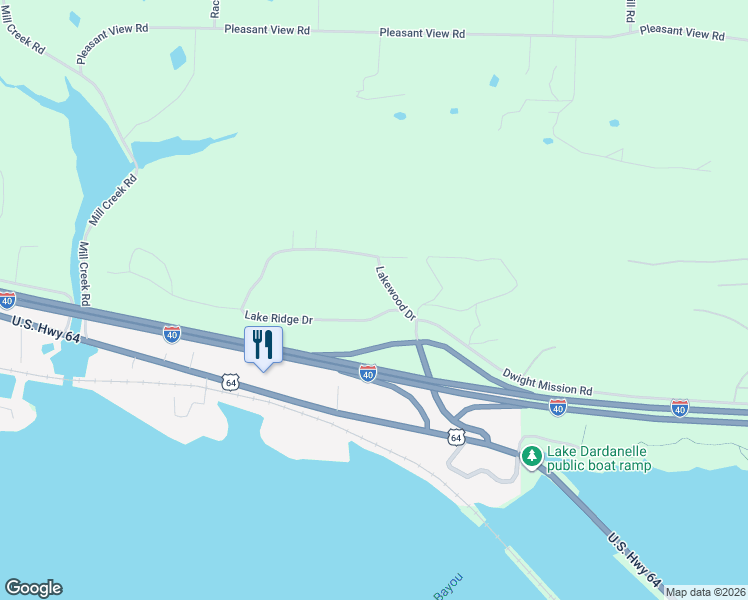 map of restaurants, bars, coffee shops, grocery stores, and more near 1089 Lake Ridge Drive in Russellville
