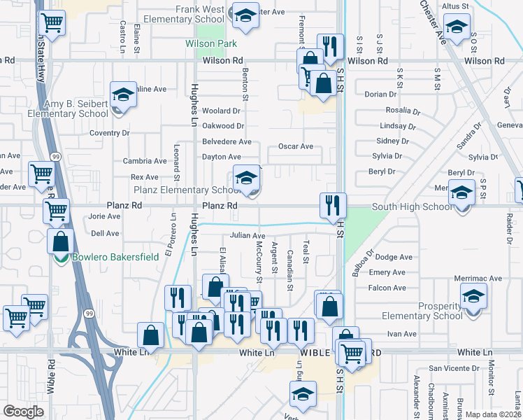 map of restaurants, bars, coffee shops, grocery stores, and more near 3300 McCourry Street in Bakersfield