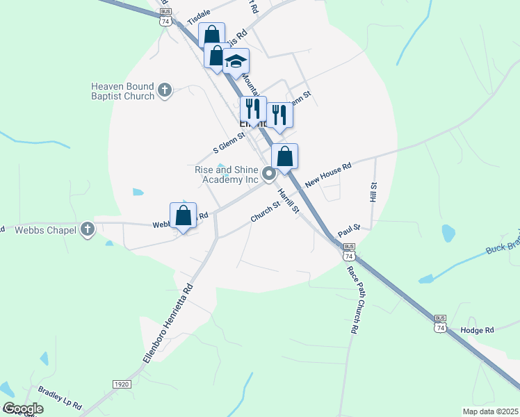map of restaurants, bars, coffee shops, grocery stores, and more near 176 Church Street in Ellenboro