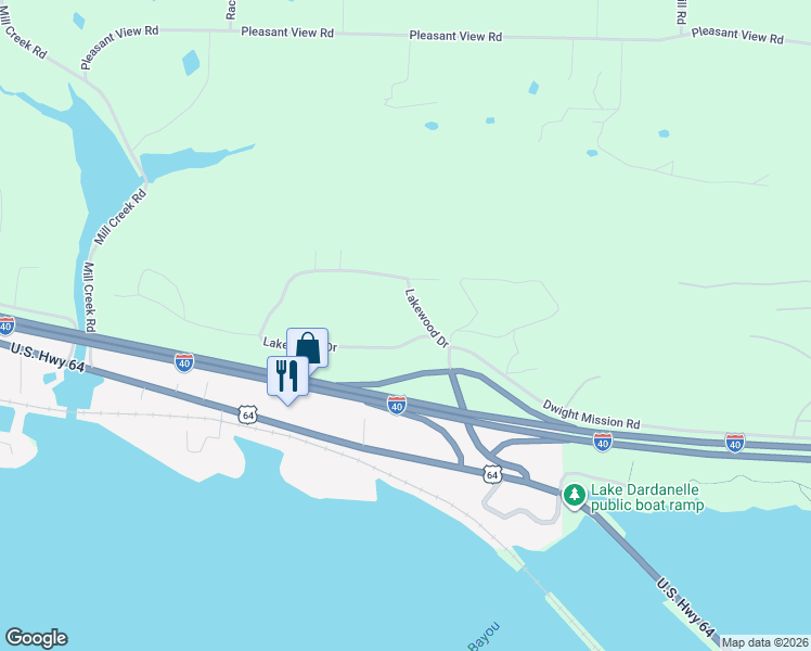 map of restaurants, bars, coffee shops, grocery stores, and more near 1089 Lake Ridge Drive in Russellville