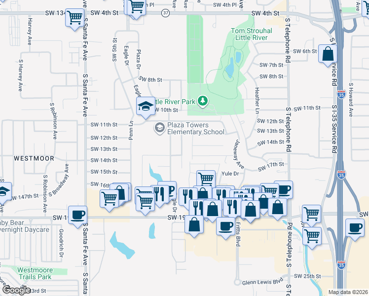 map of restaurants, bars, coffee shops, grocery stores, and more near 1320 Ridgeway Drive in Moore