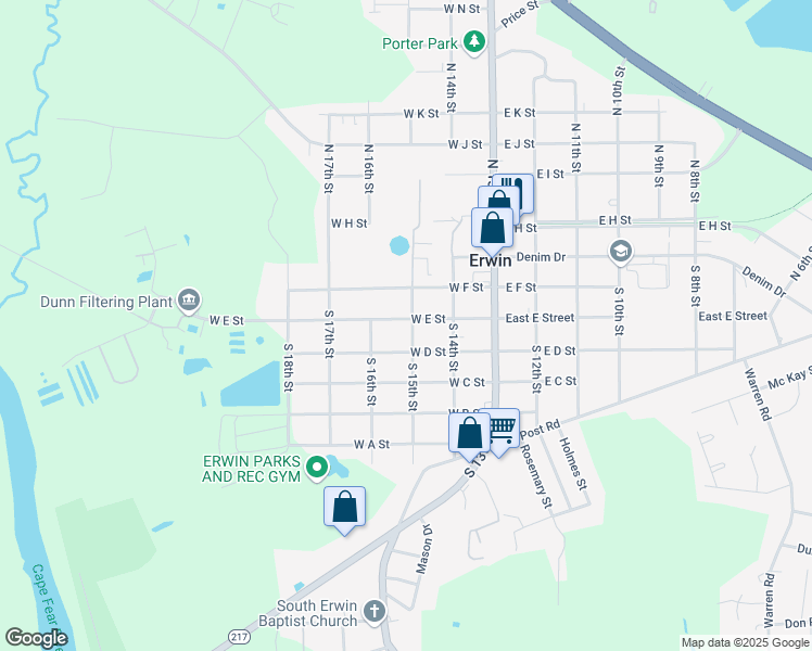 map of restaurants, bars, coffee shops, grocery stores, and more near 400 South 15th Street in Erwin