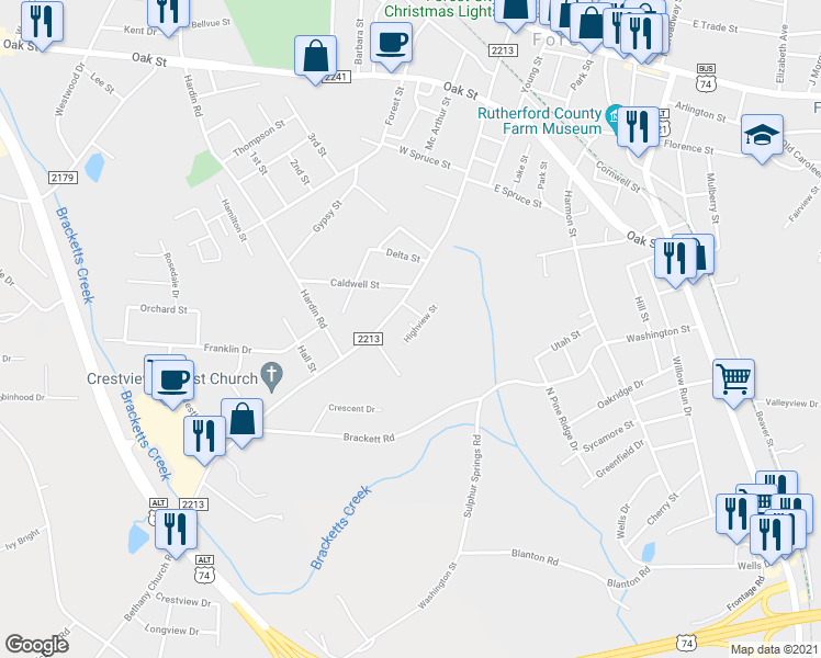 map of restaurants, bars, coffee shops, grocery stores, and more near 154 Highview Street in Forest City