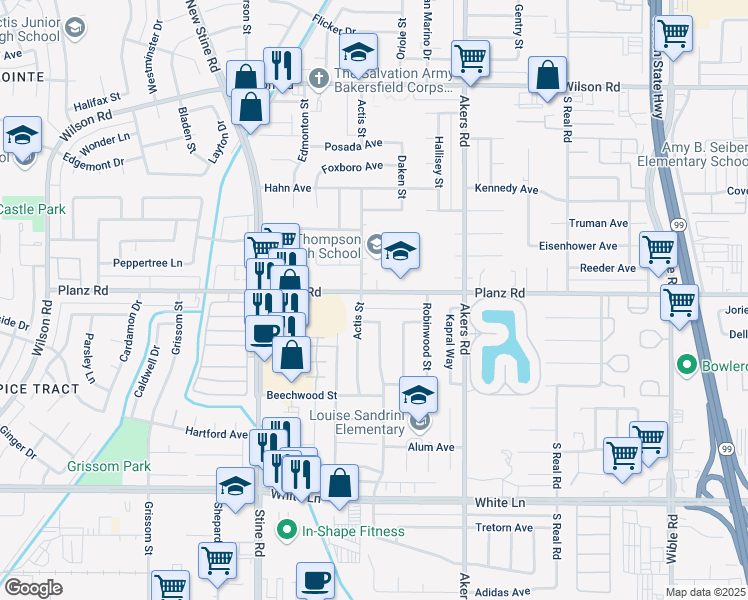 map of restaurants, bars, coffee shops, grocery stores, and more near 4413 Planz Road in Bakersfield