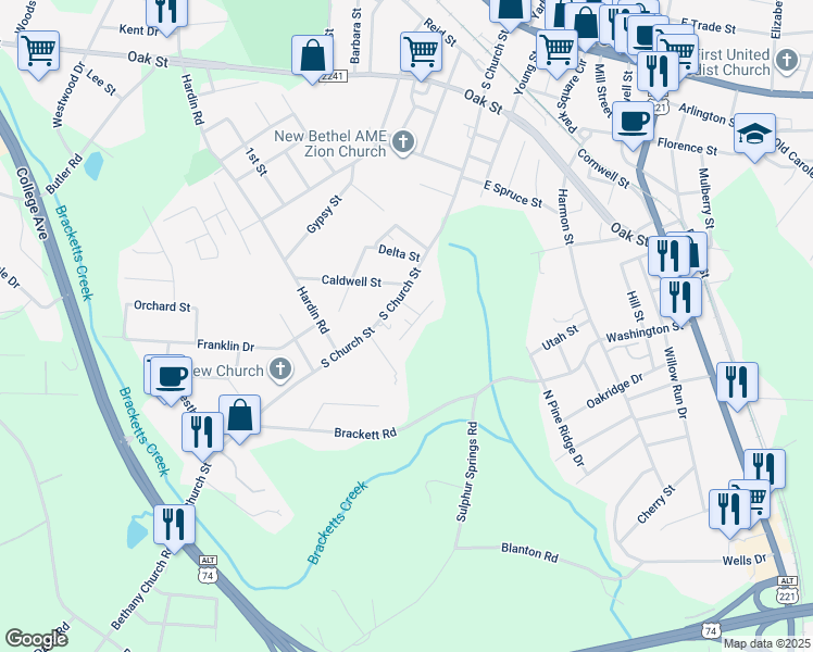 map of restaurants, bars, coffee shops, grocery stores, and more near 154 Highview Street in Forest City