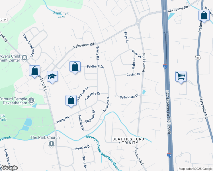 map of restaurants, bars, coffee shops, grocery stores, and more near 9701 Feldbank Drive in Charlotte