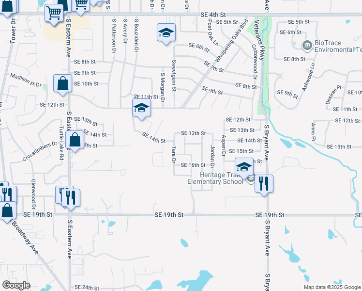 map of restaurants, bars, coffee shops, grocery stores, and more near 1501 Meadow Run Drive in Moore