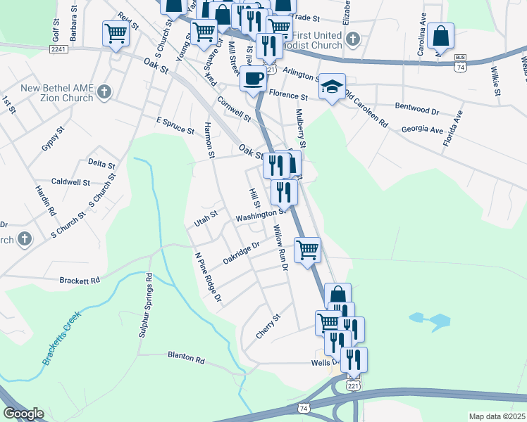 map of restaurants, bars, coffee shops, grocery stores, and more near 152 North Washington Street in Rutherfordton