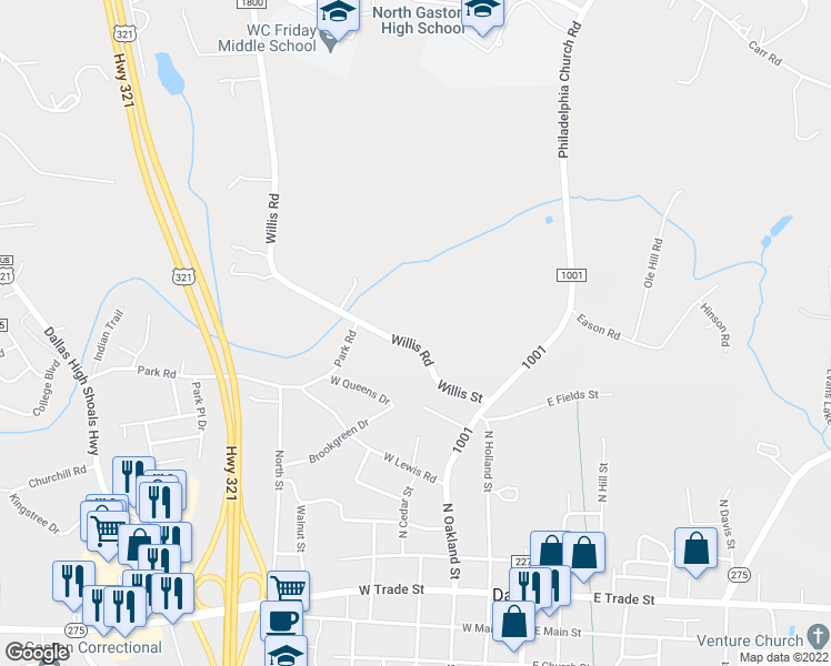 map of restaurants, bars, coffee shops, grocery stores, and more near 354 Willis Road in Dallas