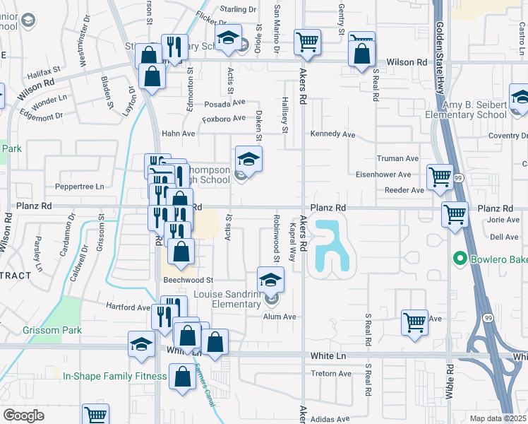 map of restaurants, bars, coffee shops, grocery stores, and more near 4303 Planz Road in Bakersfield