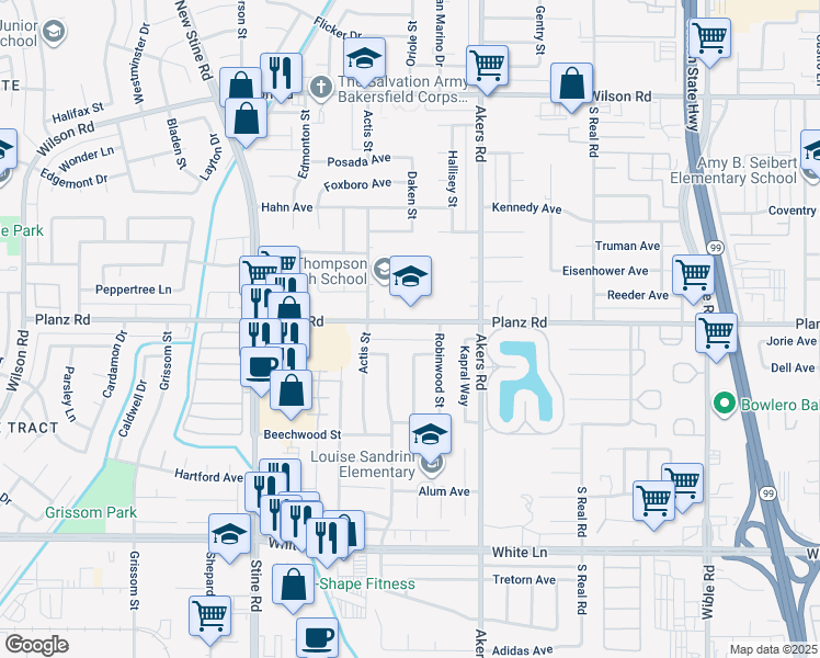 map of restaurants, bars, coffee shops, grocery stores, and more near 4303 Planz Road in Bakersfield