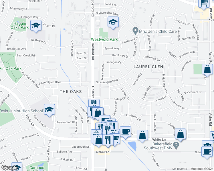 map of restaurants, bars, coffee shops, grocery stores, and more near 7817 South Laurelglen Boulevard in Bakersfield
