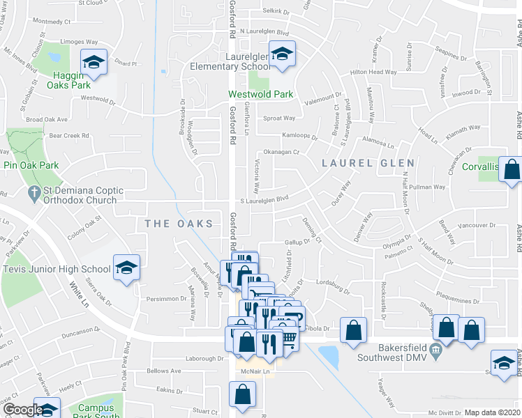 map of restaurants, bars, coffee shops, grocery stores, and more near 7921 South Laurelglen Boulevard in Bakersfield