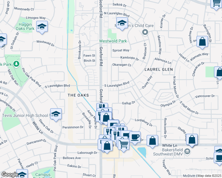 map of restaurants, bars, coffee shops, grocery stores, and more near 7921 South Laurelglen Boulevard in Bakersfield