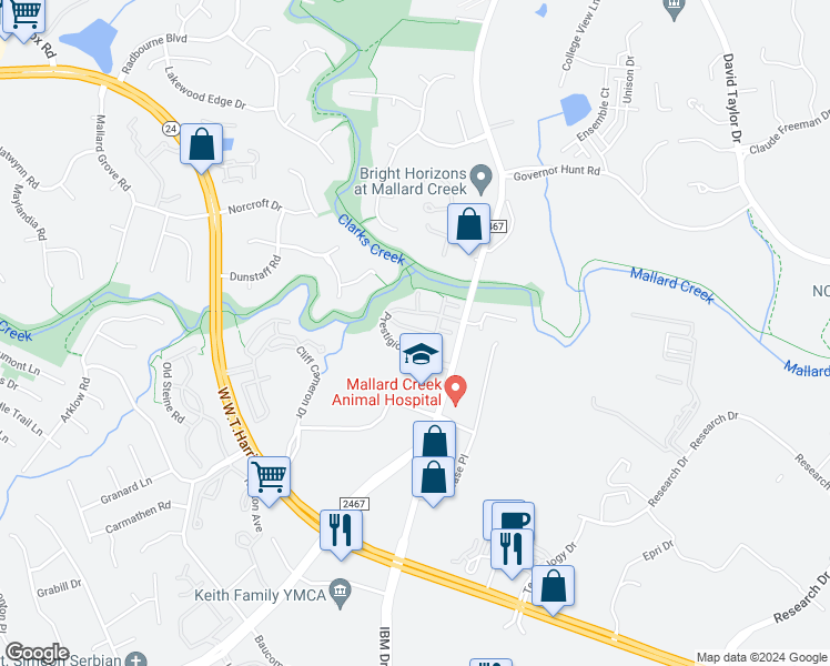 map of restaurants, bars, coffee shops, grocery stores, and more near 8907 Legacy Park Drive in Charlotte