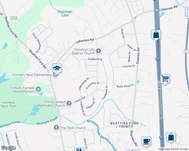 map of restaurants, bars, coffee shops, grocery stores, and more near 5413 Elderbank Dr in Charlotte