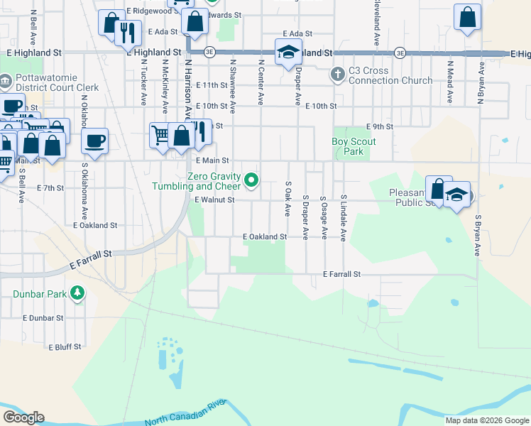 map of restaurants, bars, coffee shops, grocery stores, and more near 202 South Center Street in Shawnee