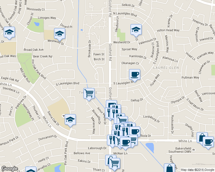 map of restaurants, bars, coffee shops, grocery stores, and more near 3300 Wenham Drive in Bakersfield