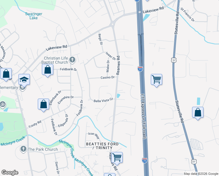 map of restaurants, bars, coffee shops, grocery stores, and more near 7938 Ebony Road in Charlotte