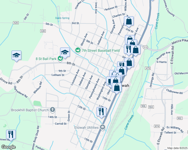 map of restaurants, bars, coffee shops, grocery stores, and more near 425 8th Street in Etowah