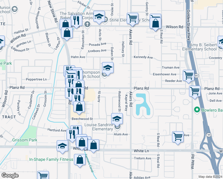 map of restaurants, bars, coffee shops, grocery stores, and more near 4303 Planz Road in Bakersfield