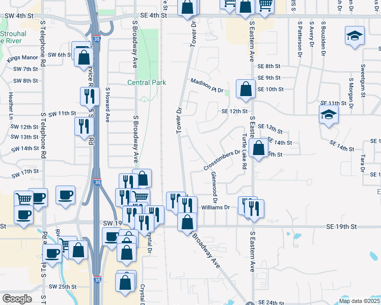 map of restaurants, bars, coffee shops, grocery stores, and more near 508 Ladd Circle in Moore