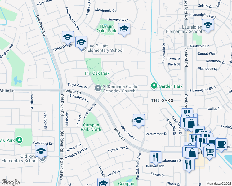 map of restaurants, bars, coffee shops, grocery stores, and more near 3309 Sunny Oak Court in Bakersfield