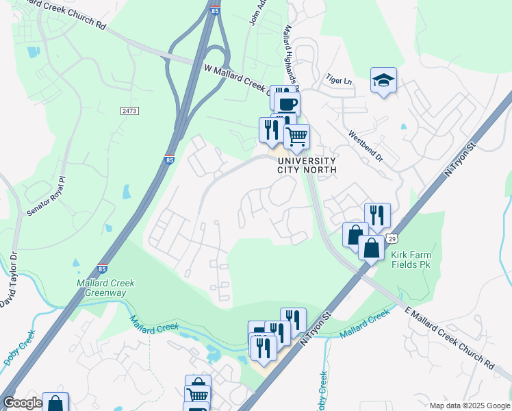 map of restaurants, bars, coffee shops, grocery stores, and more near 415 Berkeley Hill Drive in Charlotte