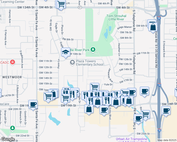 map of restaurants, bars, coffee shops, grocery stores, and more near 793 Southwest 13th Street in Moore