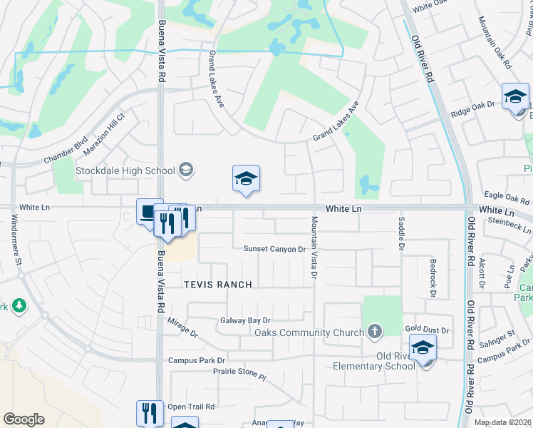map of restaurants, bars, coffee shops, grocery stores, and more near 10714 Tivoli Court in Bakersfield