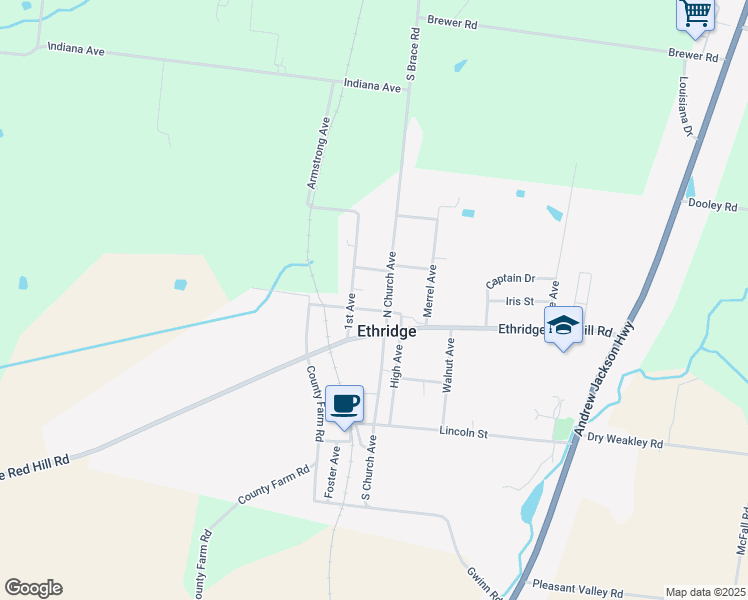 map of restaurants, bars, coffee shops, grocery stores, and more near 102 West High Street in Ethridge