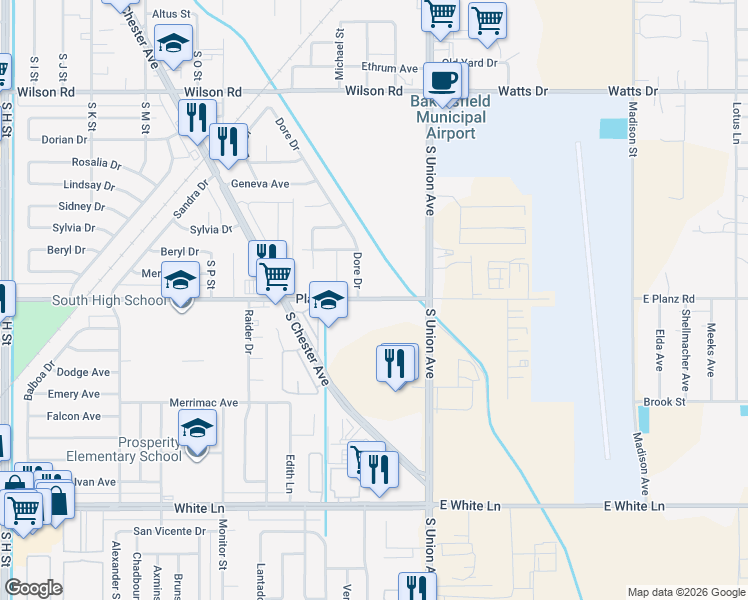 map of restaurants, bars, coffee shops, grocery stores, and more near 54 Planz Road in Bakersfield