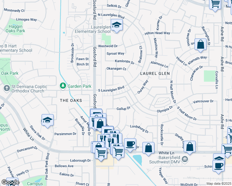 map of restaurants, bars, coffee shops, grocery stores, and more near 7817 South Laurelglen Boulevard in Bakersfield