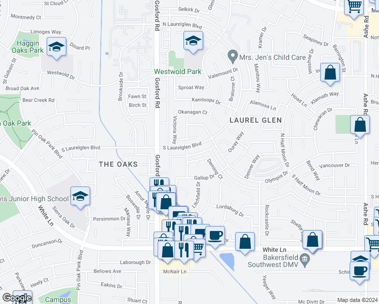 map of restaurants, bars, coffee shops, grocery stores, and more near 7817 South Laurelglen Boulevard in Bakersfield