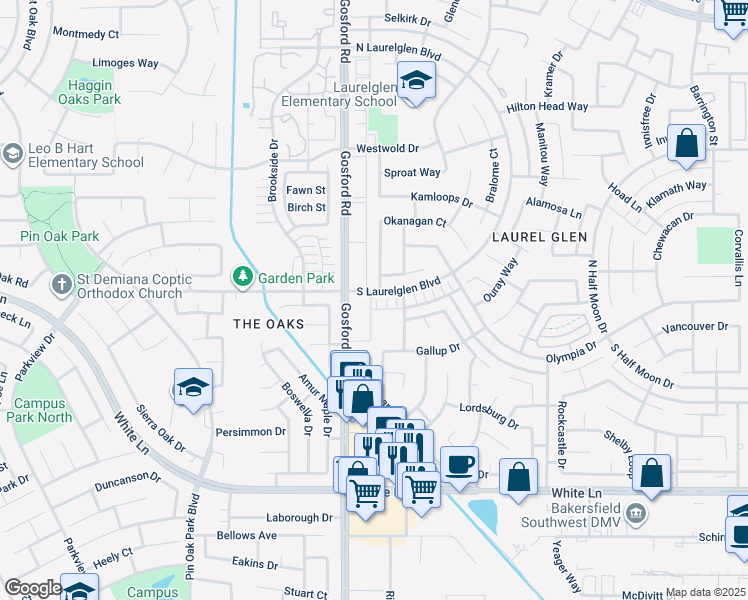 map of restaurants, bars, coffee shops, grocery stores, and more near 7921 South Laurelglen Boulevard in Bakersfield