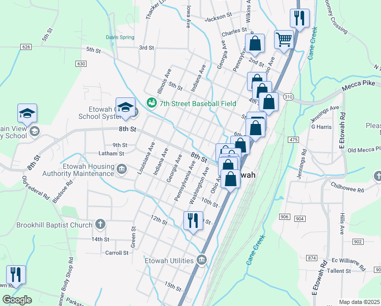 map of restaurants, bars, coffee shops, grocery stores, and more near 425 8th Street in Etowah