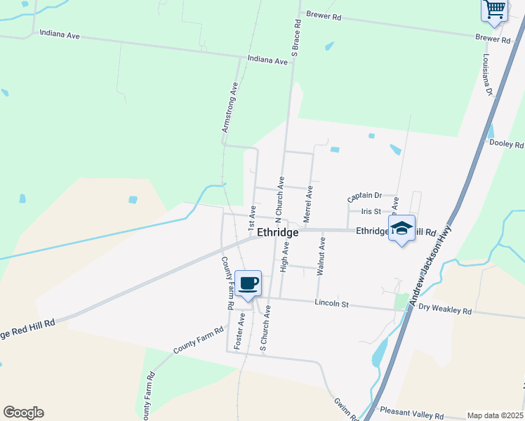 map of restaurants, bars, coffee shops, grocery stores, and more near 102 West High Street in Ethridge