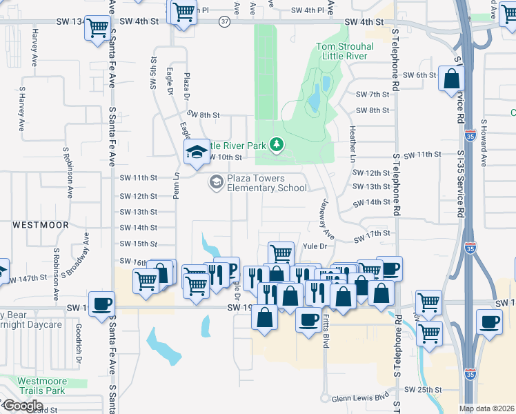 map of restaurants, bars, coffee shops, grocery stores, and more near 1321 MacAlpine Street in Moore