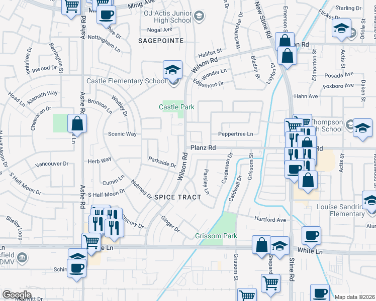 map of restaurants, bars, coffee shops, grocery stores, and more near 6200 Wilson Road in Bakersfield