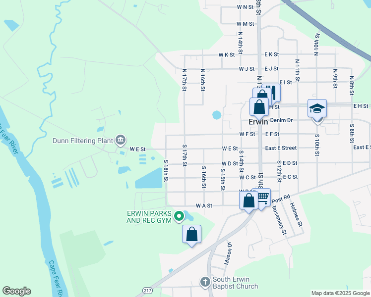 map of restaurants, bars, coffee shops, grocery stores, and more near 498 West E Street in Erwin