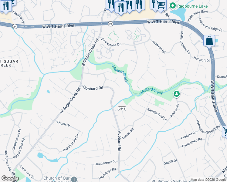 map of restaurants, bars, coffee shops, grocery stores, and more near 4205 Hubbard Road in Charlotte