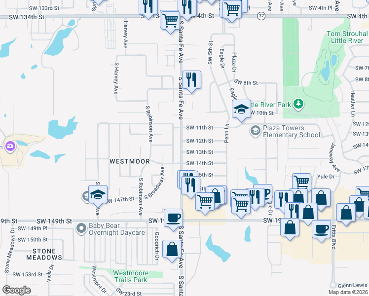 map of restaurants, bars, coffee shops, grocery stores, and more near 1025 Southwest 13th Street in Moore