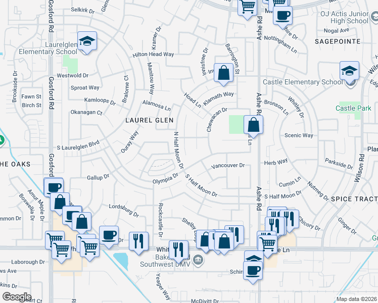 map of restaurants, bars, coffee shops, grocery stores, and more near 3304 Pendleton Court in Bakersfield