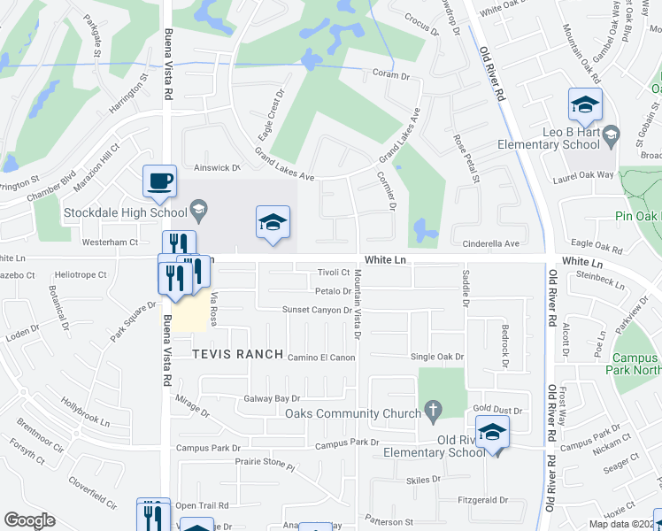map of restaurants, bars, coffee shops, grocery stores, and more near 10604 Tivoli Court in Bakersfield