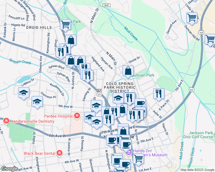 map of restaurants, bars, coffee shops, grocery stores, and more near 1007 North Main Street in Hendersonville