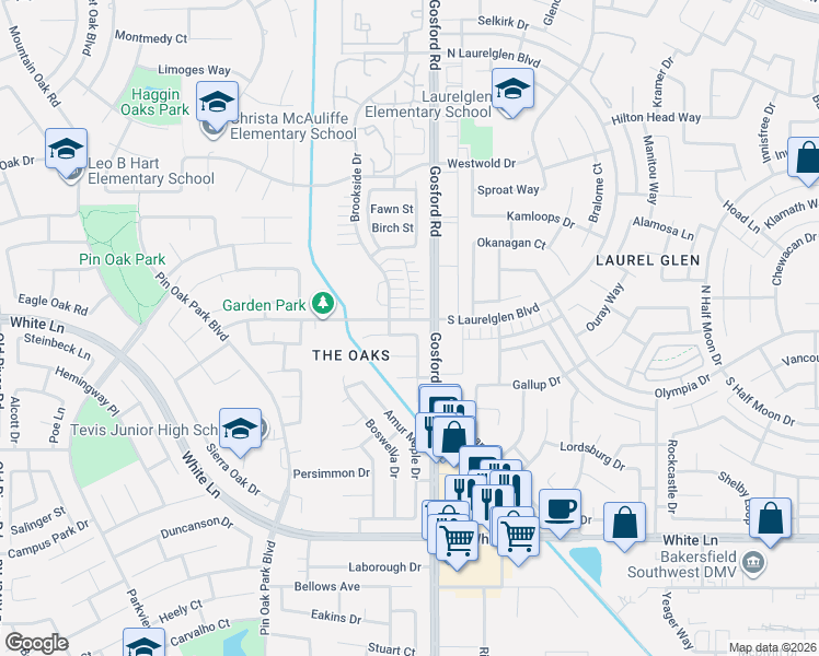 map of restaurants, bars, coffee shops, grocery stores, and more near 3300 Wenham Drive in Bakersfield