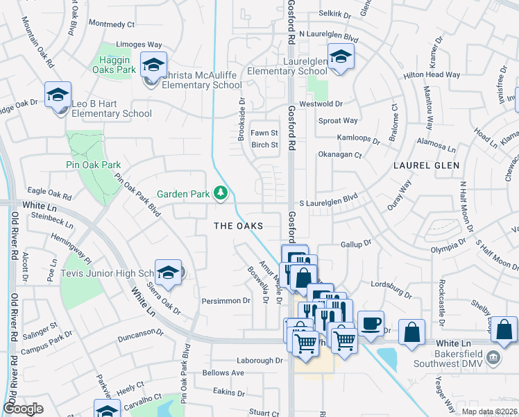 map of restaurants, bars, coffee shops, grocery stores, and more near 8302 Ipswich Way in Bakersfield