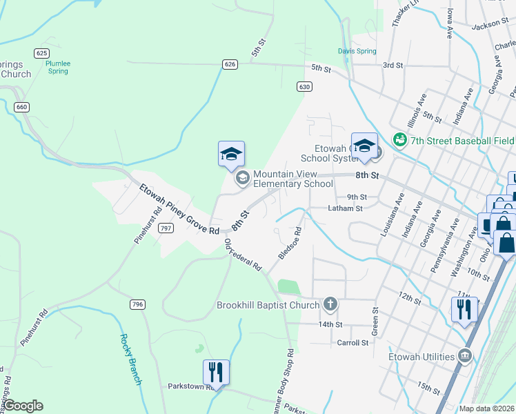 map of restaurants, bars, coffee shops, grocery stores, and more near 1215 8th Street in Etowah