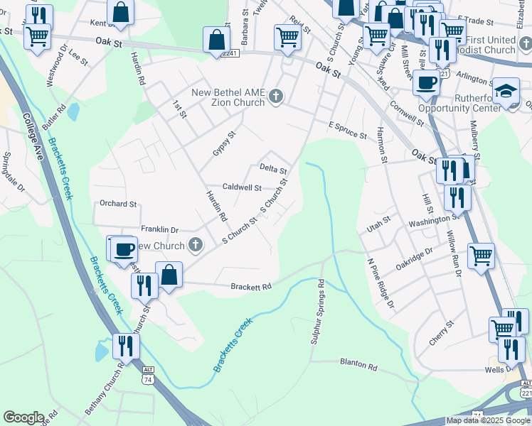 map of restaurants, bars, coffee shops, grocery stores, and more near 485 South Church Street in Forest City